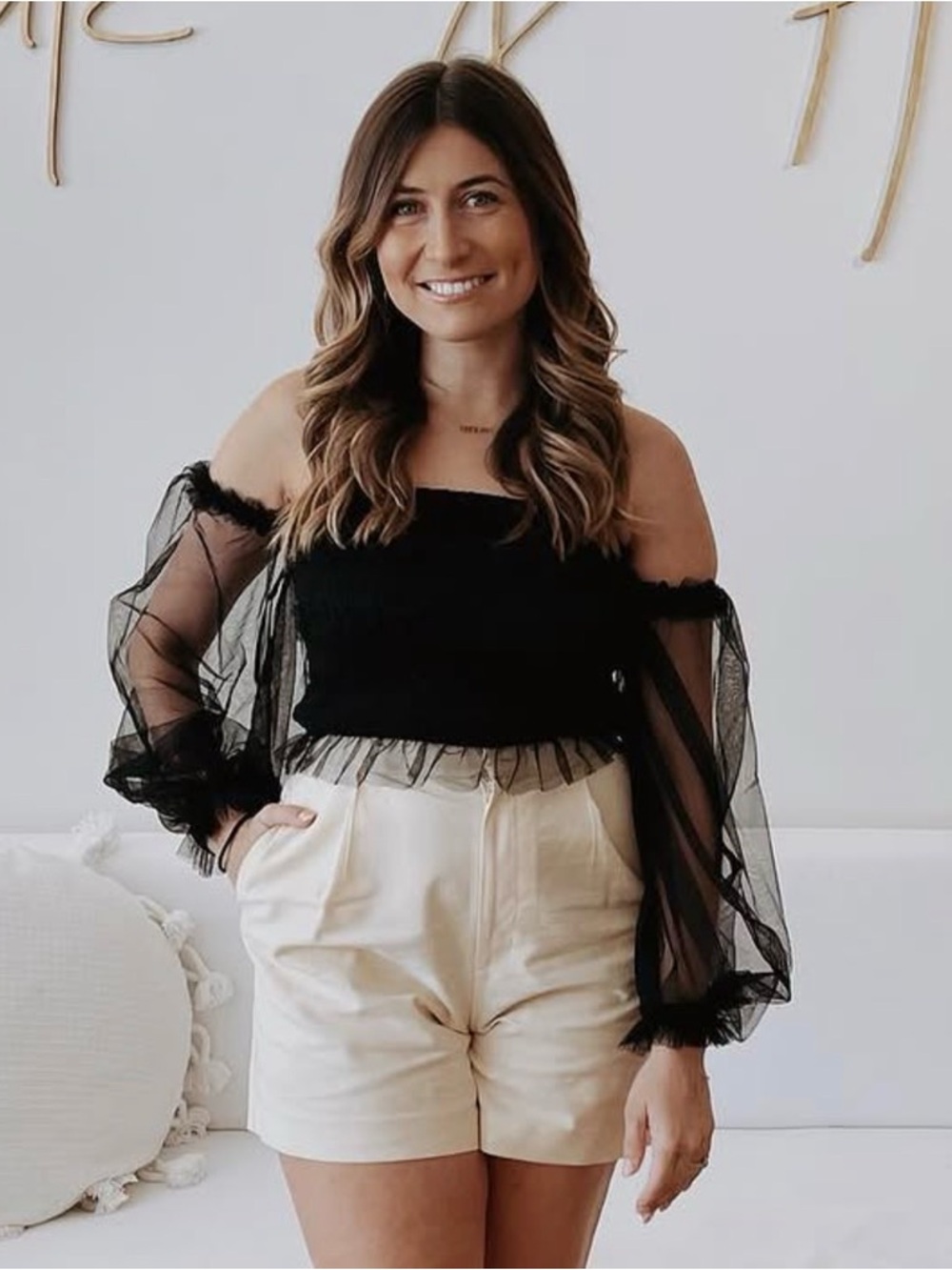 Off-Shoulder Black Sheer Sleeve Blouse